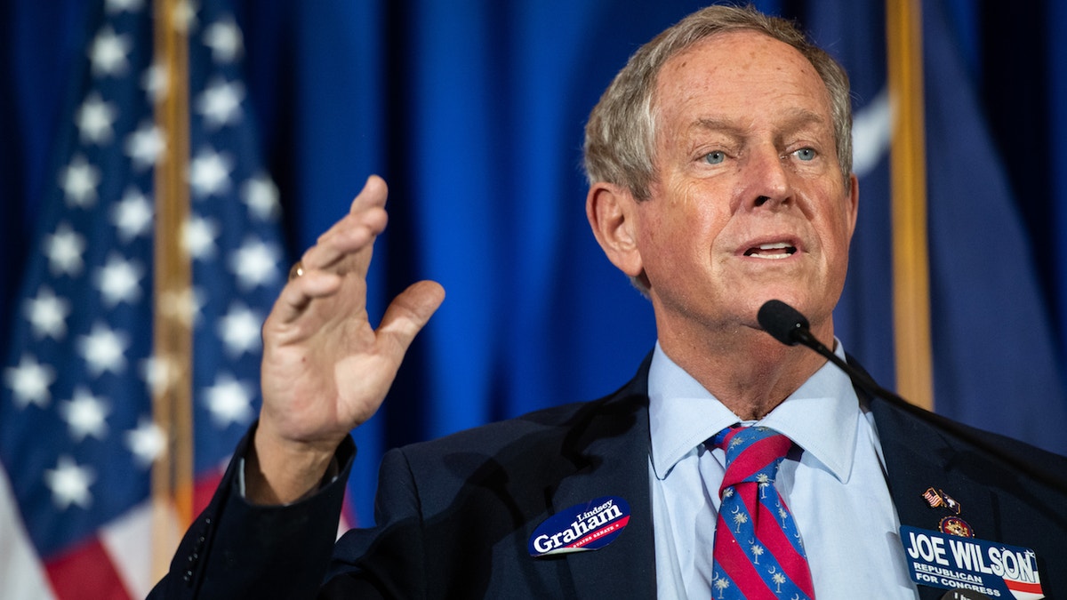 Rep. Joe Wilson, R-S.C., speaks to a crowd at Sen. Lindsey Graham's election night watch party on Nov. 3, 2020, in Columbia, South Carolina.