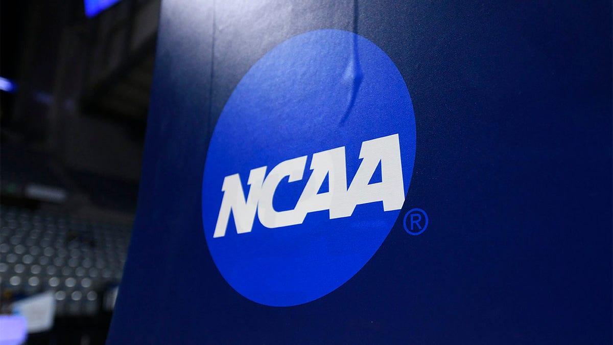 The NCAA logo before the DIII national championship game in basketball
