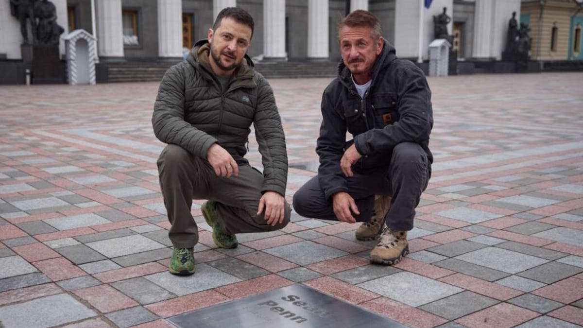 Hollywood actor and film director Sean Penn (R) meets Ukrainian President Vladimir Zelensky (L) as he hands over his own statuette âOscarâ to the Ukrainian president in Kyiv, Ukraine 