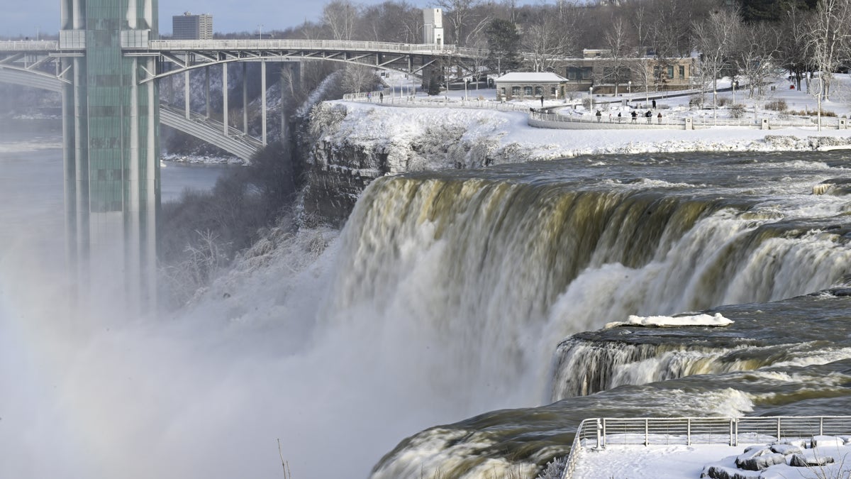 Aerial image showing a frozen niagara falls