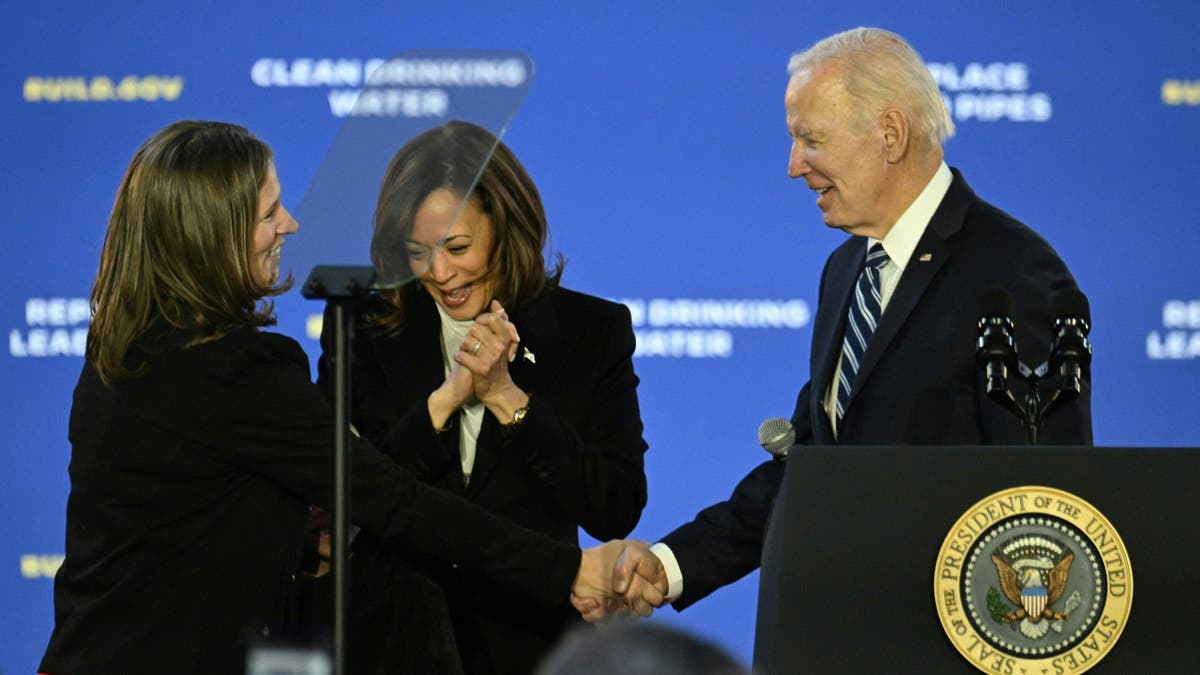 Kamala Harris (C), Jana Curtis (L), Founder of Get the Lead Out Riverwards and US President Joe Biden