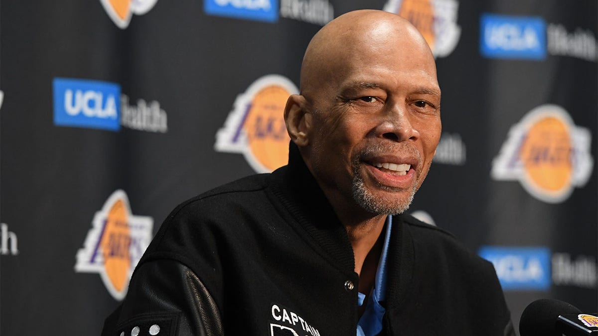 Kareem Abdul-Jabbar speaks to the media