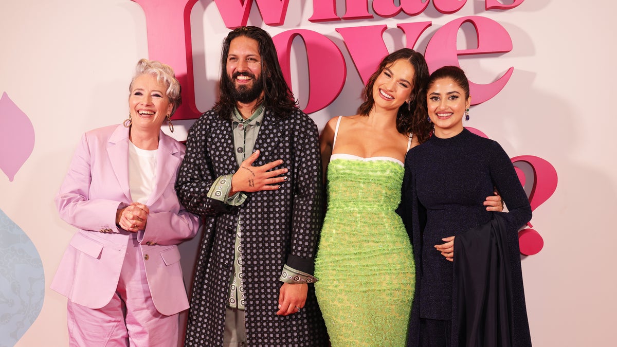 Emma Thompson in pink suit, Shazad Latif in black robe, Lily James in green dress, and Sajal Ali in black dress