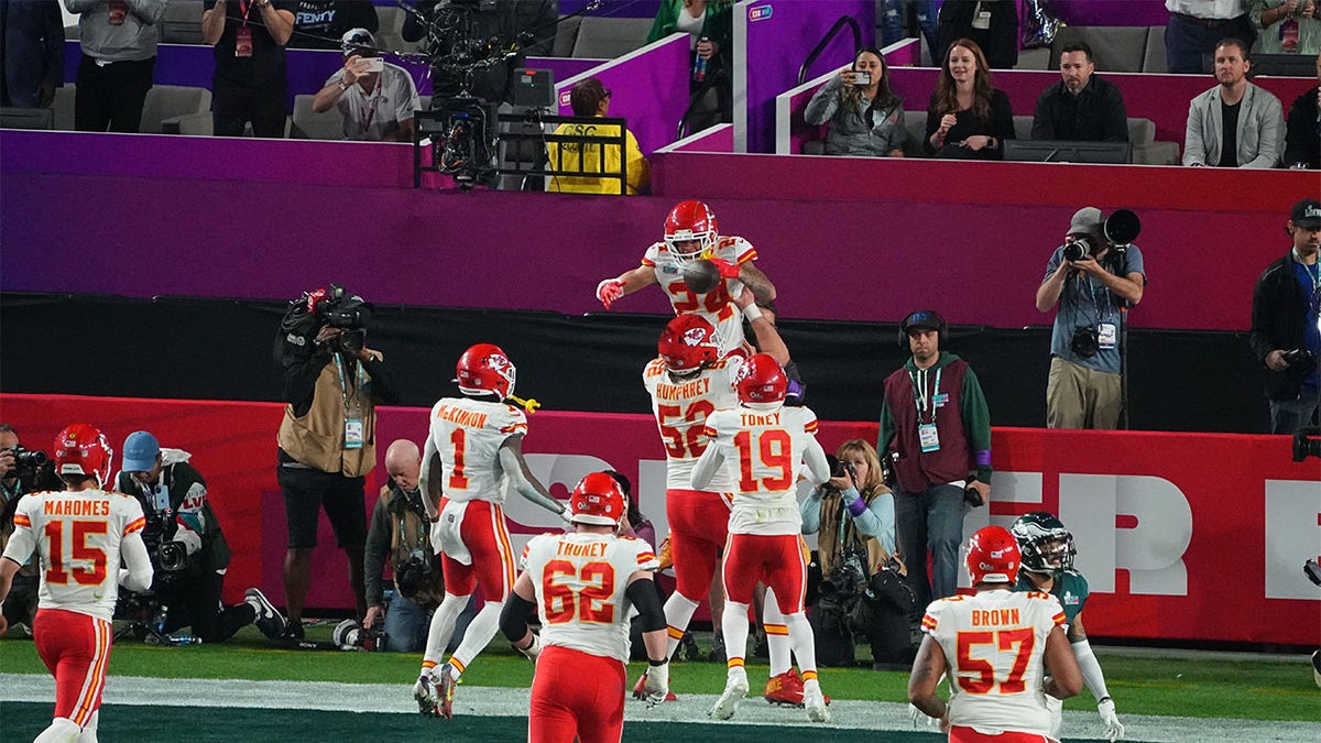 The Chiefs celebrate a touchdown in Super Bowl LVII