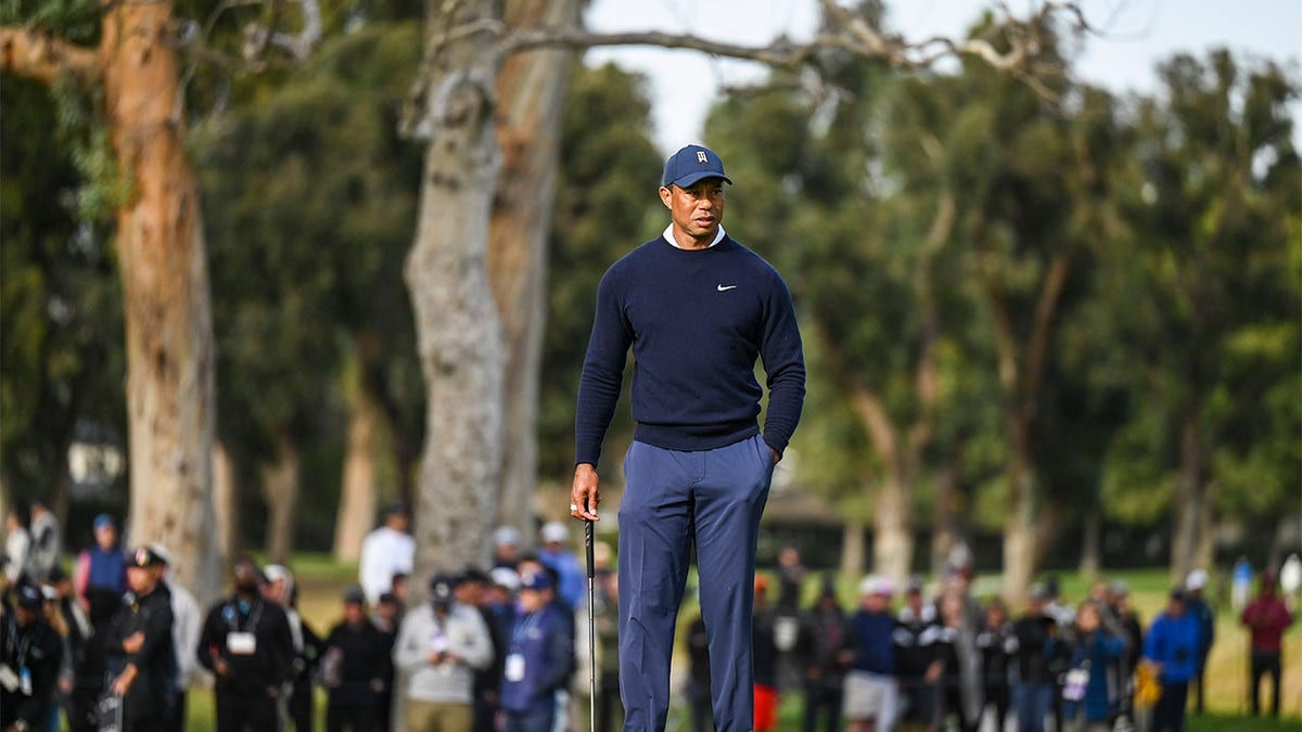 Tiger Woods waits to putt on the 12th hole