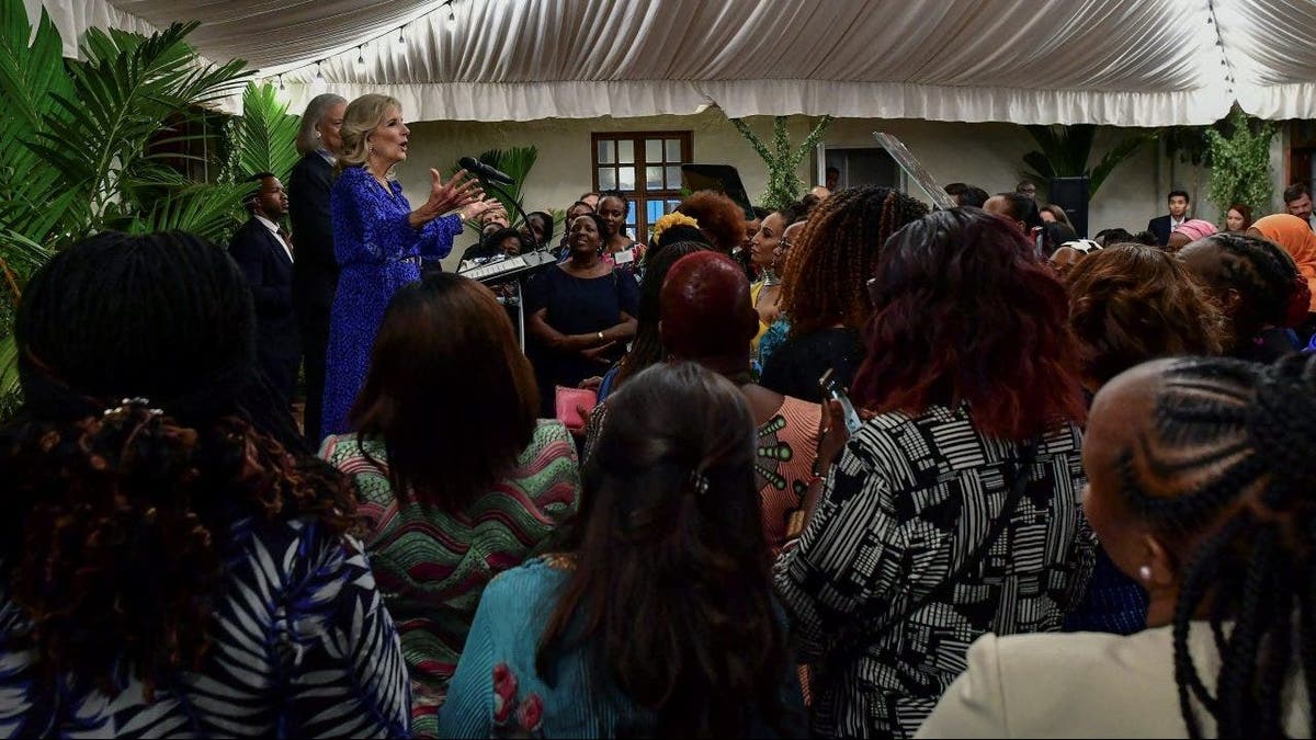 First lady Jill Biden and U.S. Ambassador to Kenya Meg Whitman give speeches during a meeting with Kenyan women leaders at the US Embassy residence on the first day of her state visit in Nairobi on Friday.