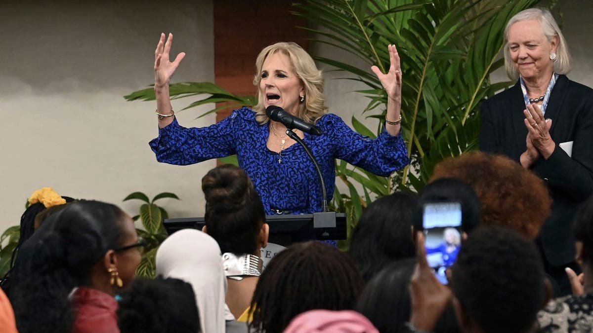 First lady Jill Biden, left, and U.S. Ambassador to Kenya Meg Whitman give speeches during a meeting with Kenyan women leaders at the U.S. Embassy residence on the first day of her state visit in Nairobi on Friday.