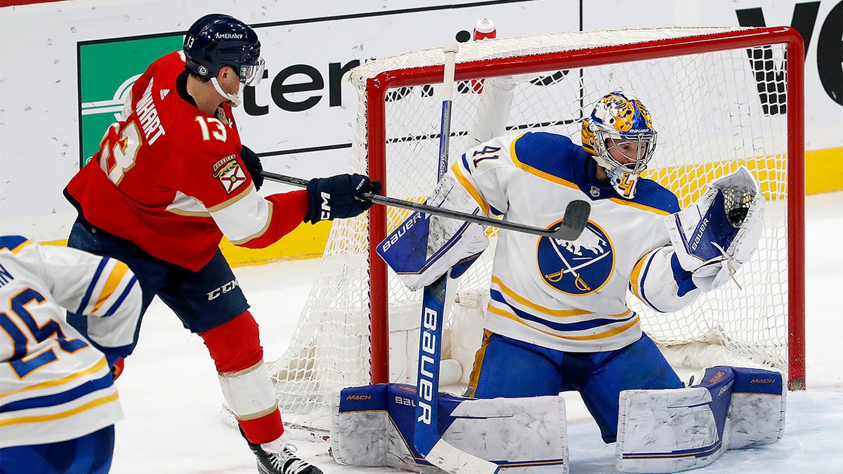 Craig Anderson makes a save against the Panthers