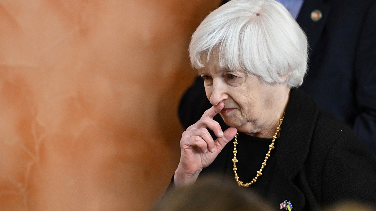 US Secretary of the Treasury Janet Yellen arrives to adress school students during her visit to Kyiv on February 27, 2023, amid the Russian invasion of Ukraine.