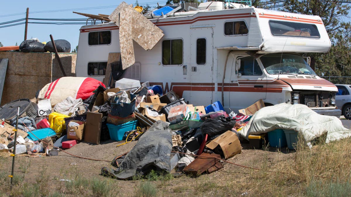 BEND, OR - AUGUST 9: ?A "safe parking" zone for the growing homeless population in this community is viewed on a side street off of Highway 97 north of town on August 9, 2021, in Bend, Oregon. (Photo by George Rose/Getty Images)