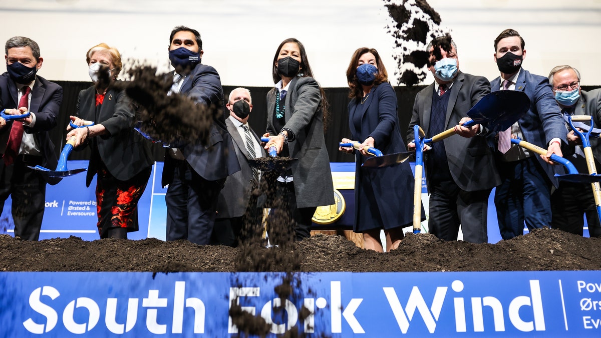 Secretary of the Interior Deb Haaland and New York Governor Kathy Hochul participate in a groundbreaking ceremony for the future South Fork Wind Farm in Wainscott, New York, on Feb. 11, 2022. (Steve Pfost/Newsday RM via Getty Images)