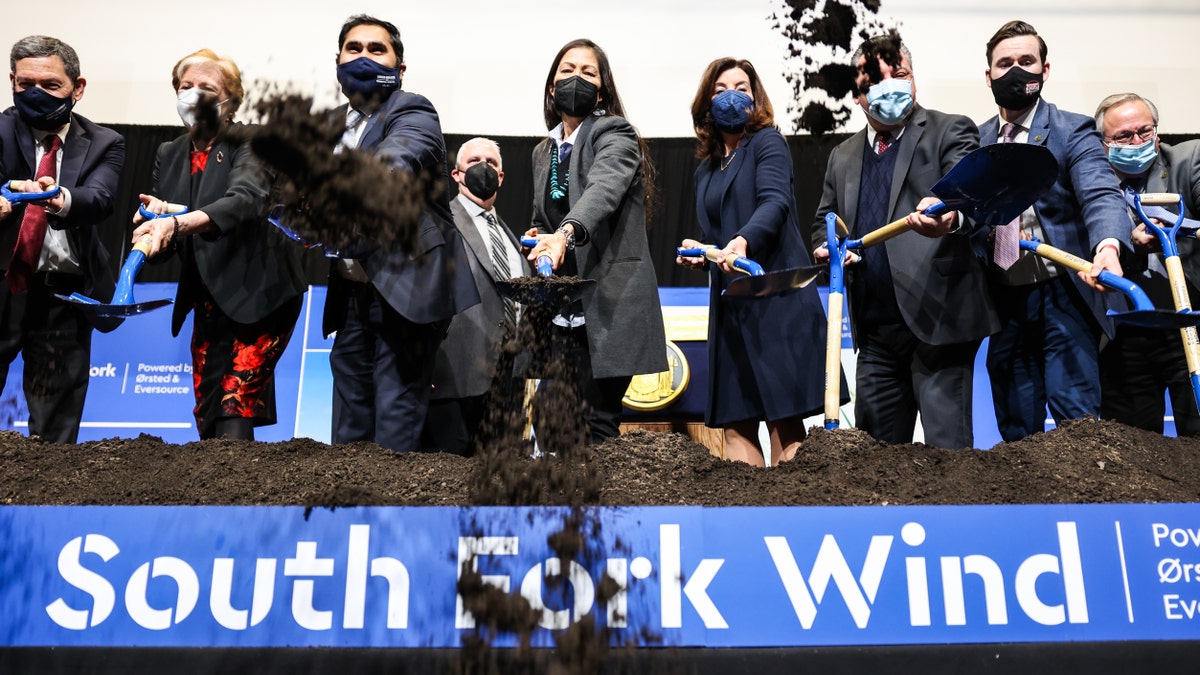 Secretary of the Interior Deb Haaland and New York Governor Kathy Hochul participate in a groundbreaking ceremony for the future South Fork Wind Farm in Wainscott, New York, on Feb. 11, 2022. (Steve Pfost/Newsday RM via Getty Images)