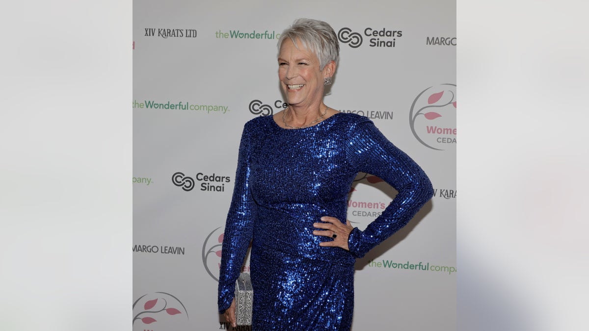 Jamie Lee Curtis in a blue sequin gown