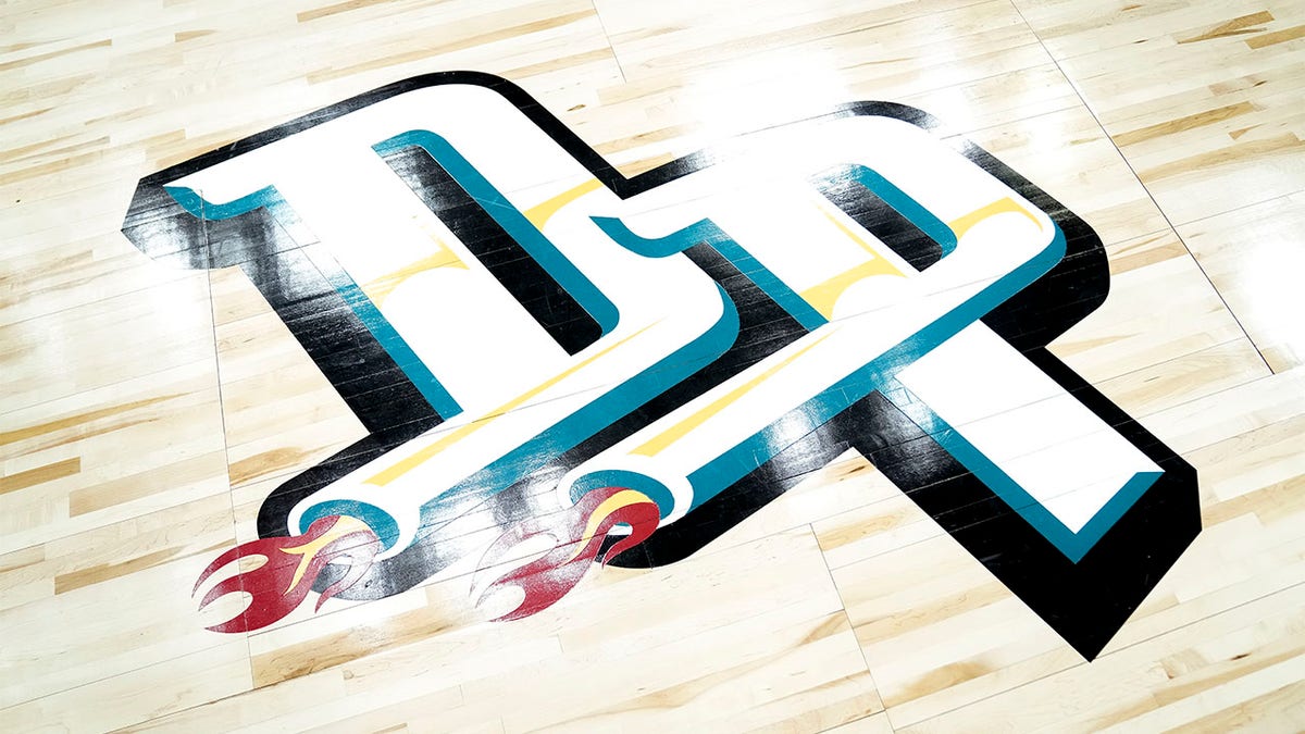 The logo on the Detroit Pistons court