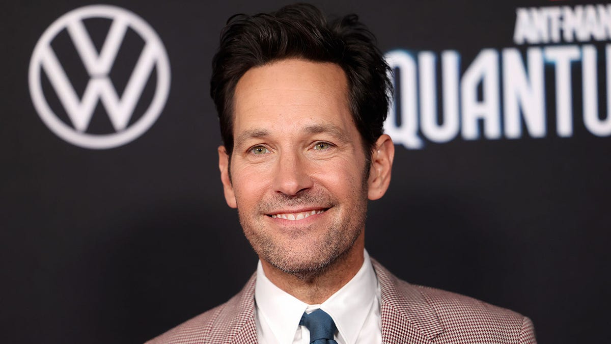 Paul Rudd on the red carpet in a dark red checkered suit and blue tie