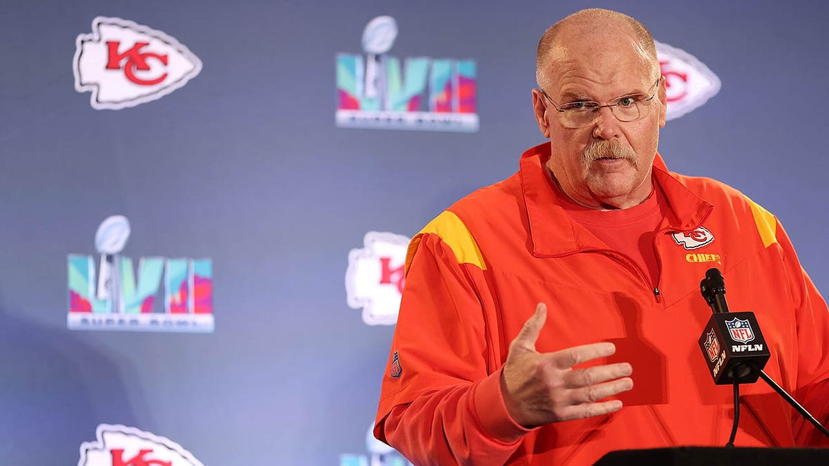 Andy Reid addresses the media during Super Bowl week