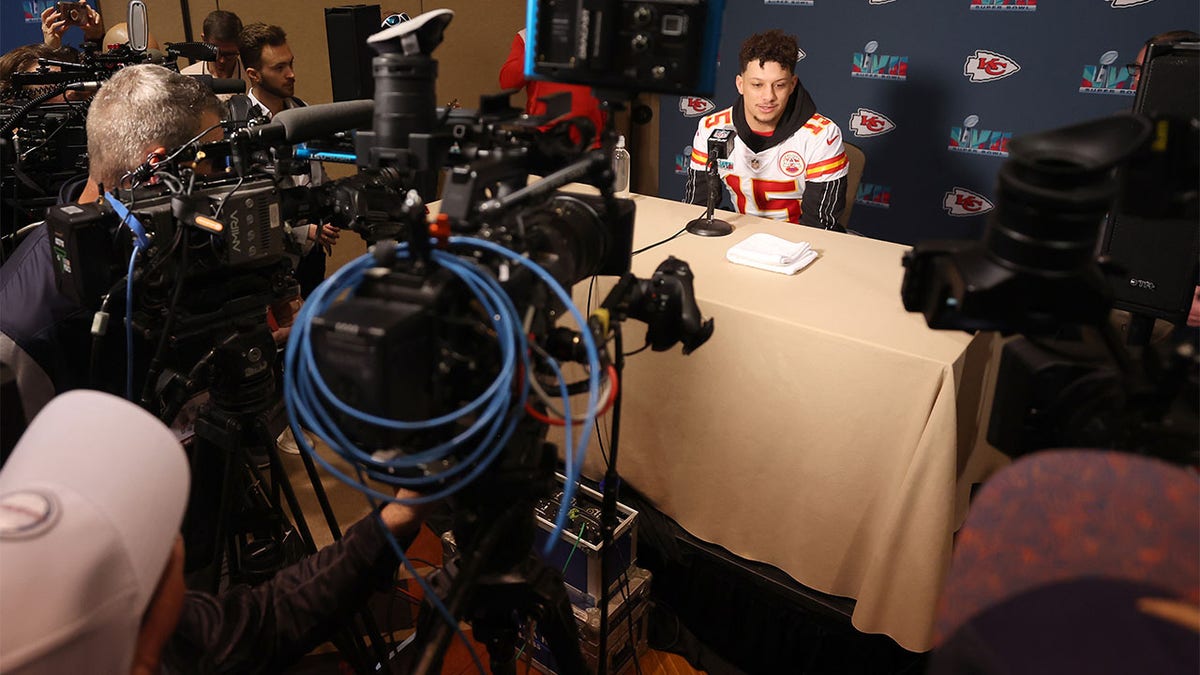 Patrick Mahomes speaks with the media before the Super Bowl