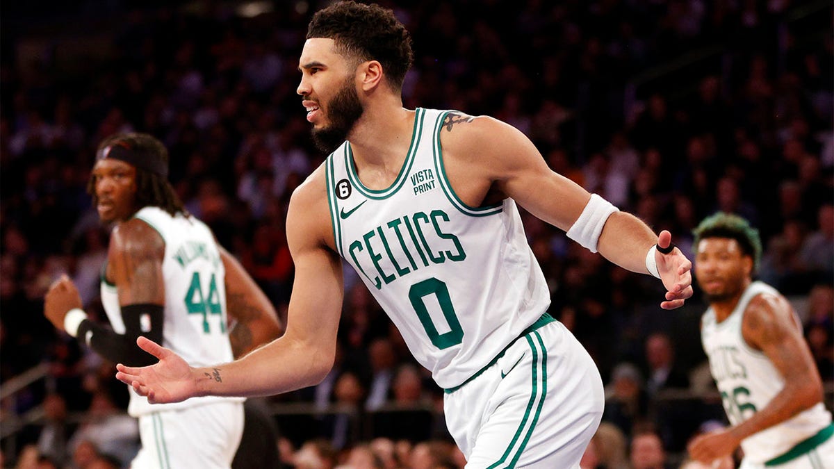 Jayson Tatum reacts to a call against the Knicks