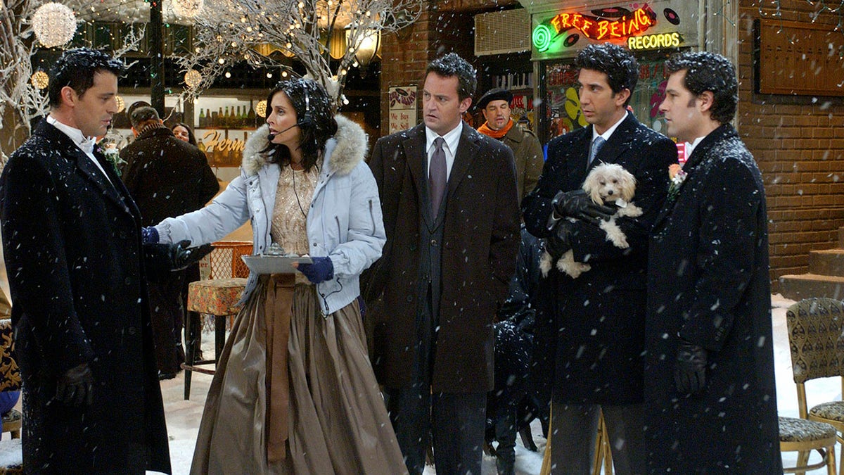Matt LeBlanc as Joey Tribbiani in a long black coat has his arm held by Courteney Cox as Monica Geller-Bing in a blue coat and head peace, next to Matthew Perry as Chandler Bing in a brown jacket, next to David Schwimmer as Dr. Ross Geller holding a dog, and Paul Rudd as Mike Hannigan