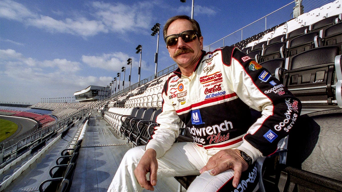 Dale Earnhardt looks on from the Earnhardt Grandstand