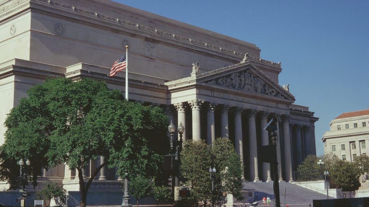 The National Archives building on Pennsylvania Avenue in Washington, D.C., 1973. It is the original headquarters of the National Archives and Records Administration.
