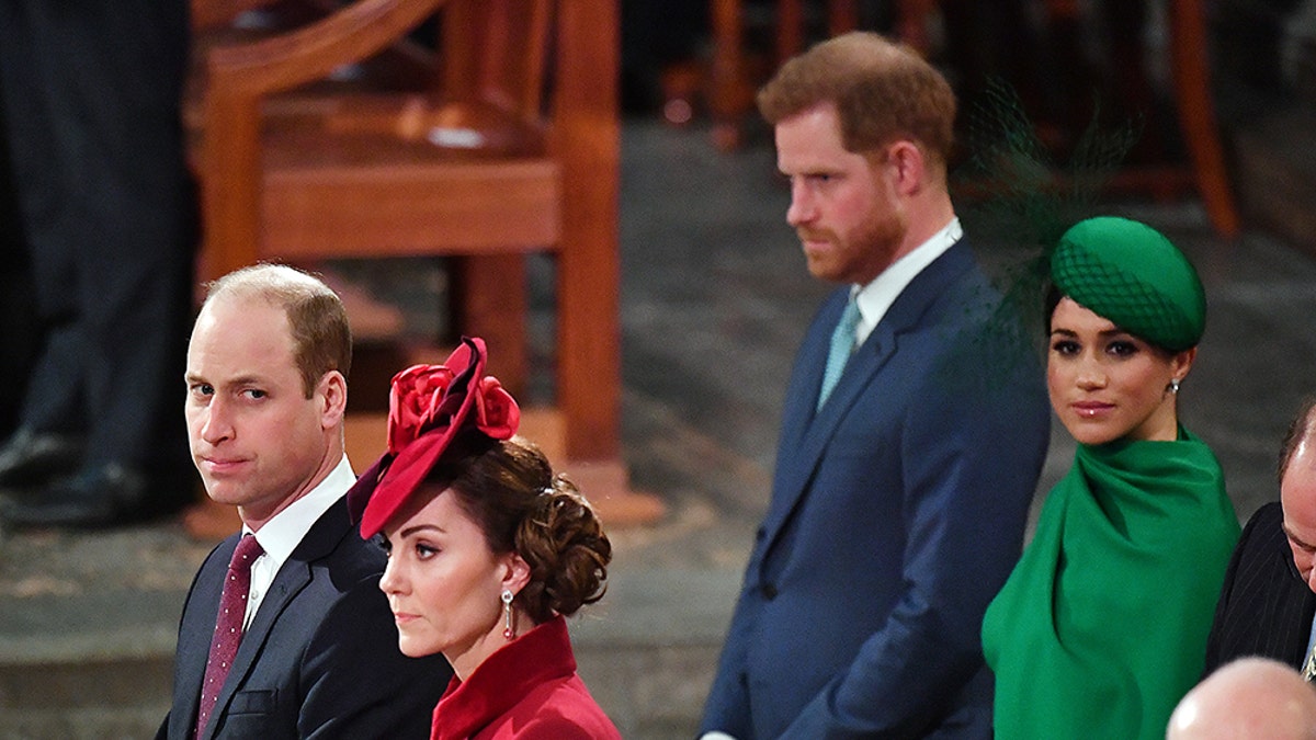 Prince William, Kate Middleton, Meghan Markle and Prince Harry looking serious at church
