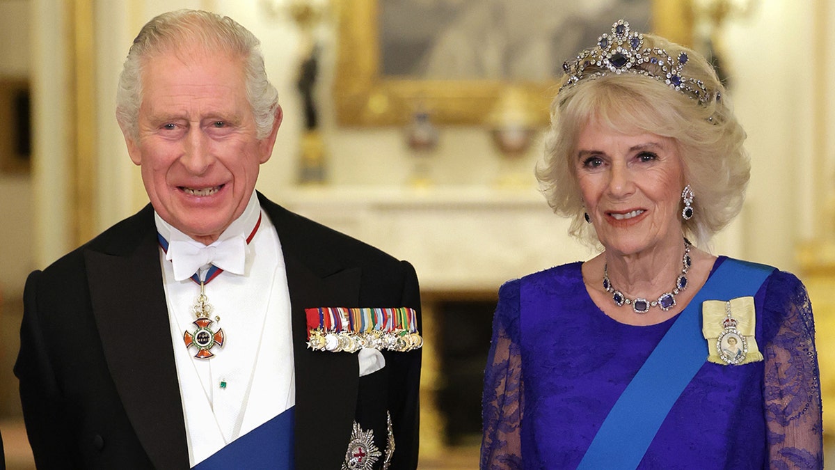 King Charles III and Camilla, Queen Consort during the State Banquet at Buckingham Palace