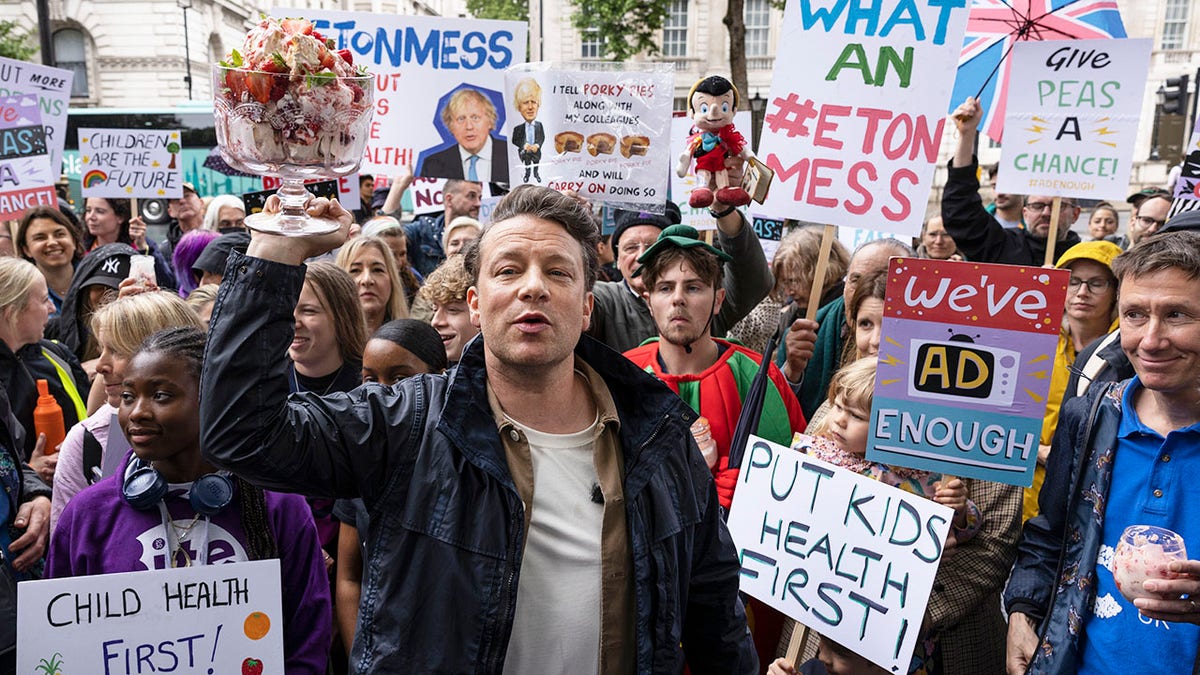 Celebrity chef Jamie Oliver at a protest in the UK