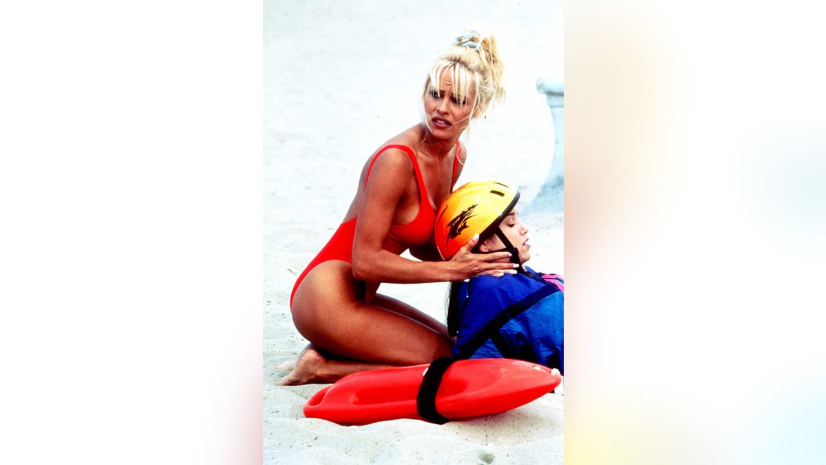 Pamela Anderson filming a scene from Baywatch