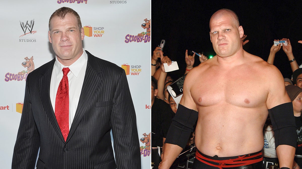 Glenn Jacobs in a suit, left, and Kane in wrestling attire