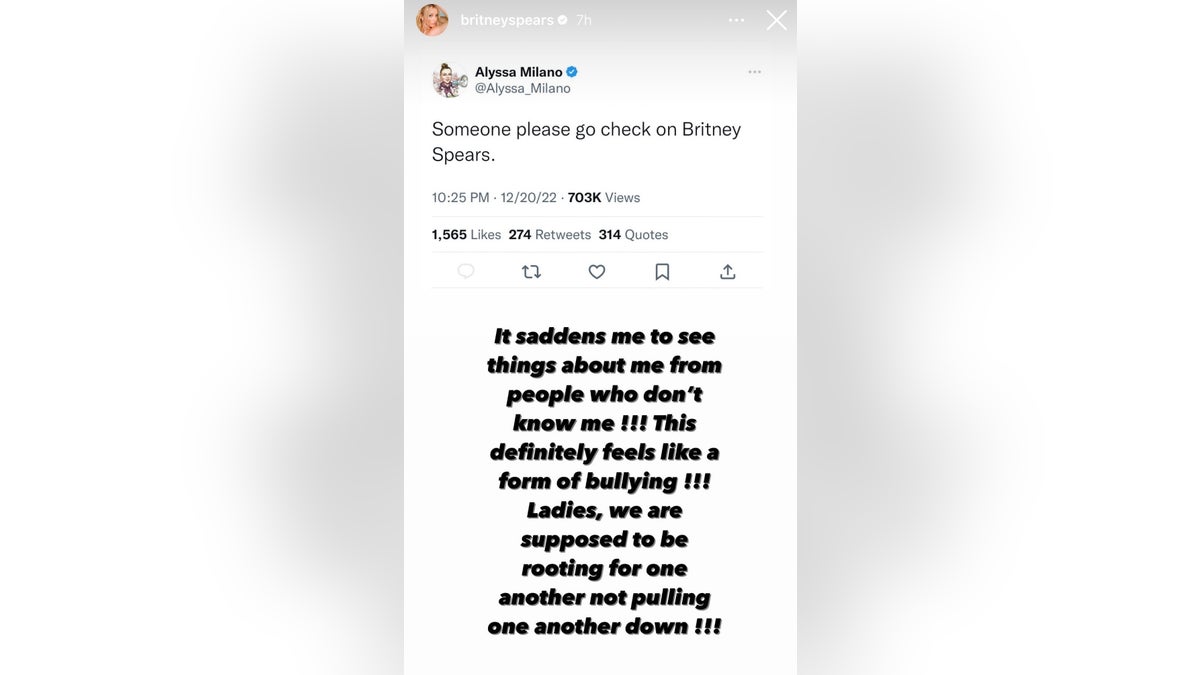 screenshot of Britney Spears' Instagram story calling out a tweet by Alyssa Milano