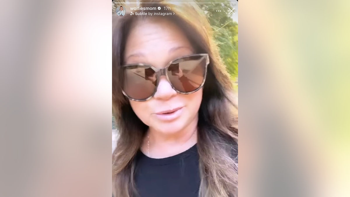 Valerie Bertinelli with tortoise shell sunglasses talks to the camera during an Instagram story