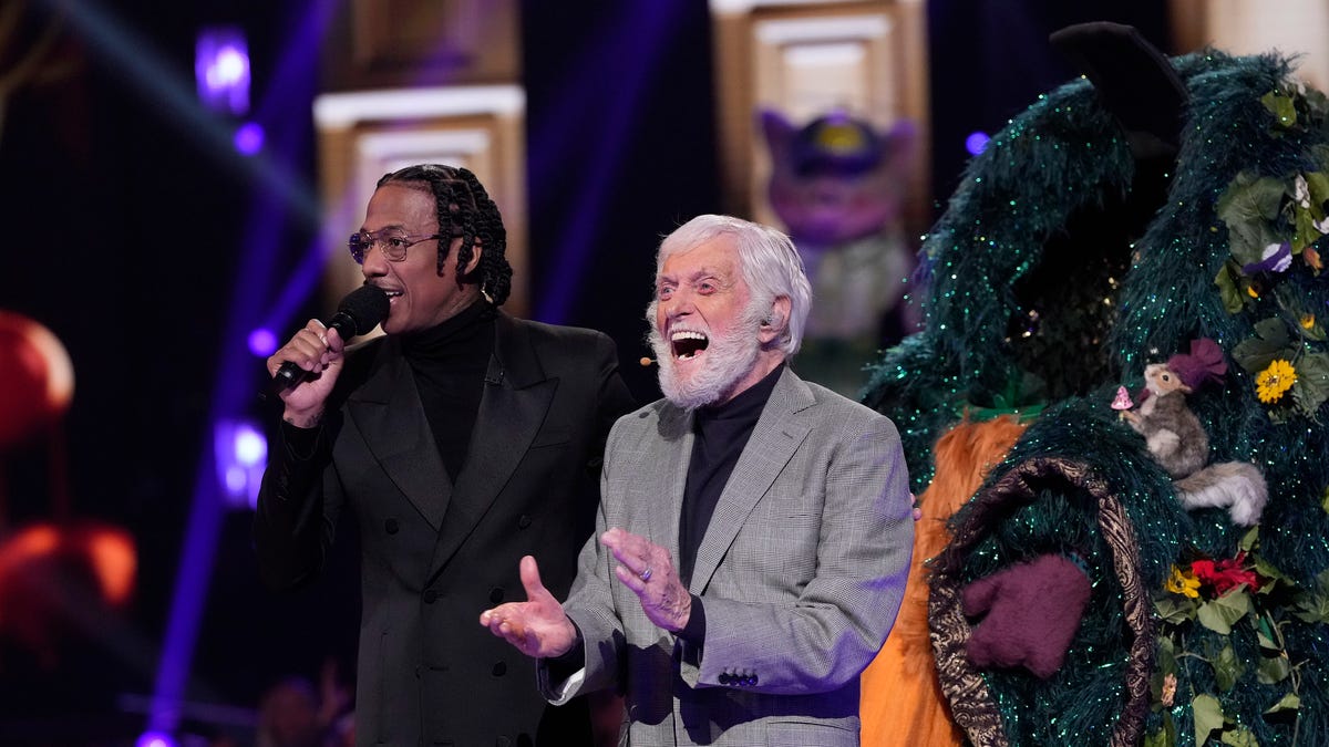 Dick Van Dyke on stage with Nick Cannon for "The Masked Singer"