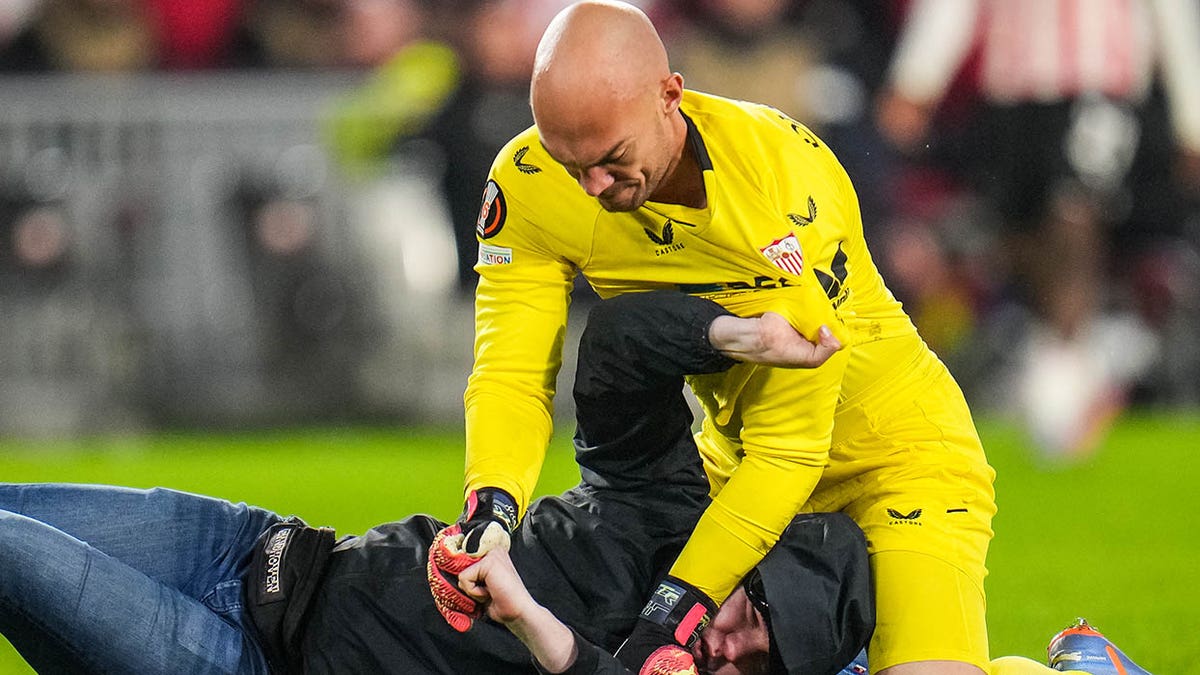 Marko Dmitrovic wrestles with fan