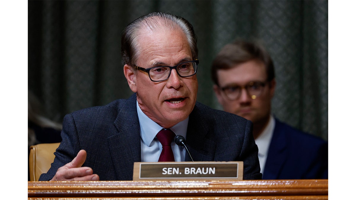 Sen. Mike Braun, a Republican from Indiana, speaks during a Senate Appropriations Subcommittee hearing