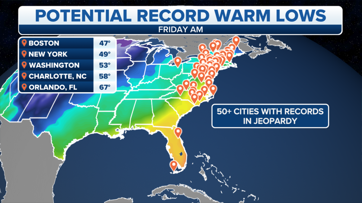 Potential record warm lows in the East