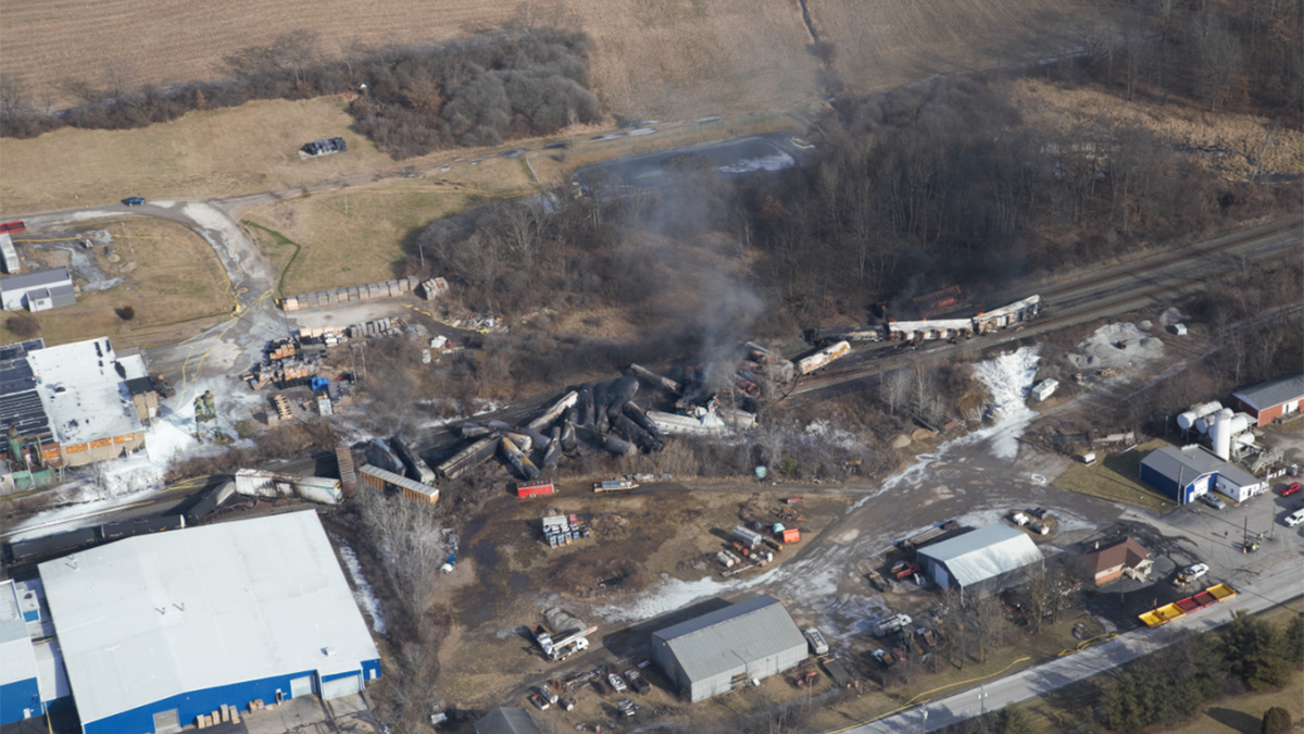 An aerial view of the train derailment in East Palestine, Ohio