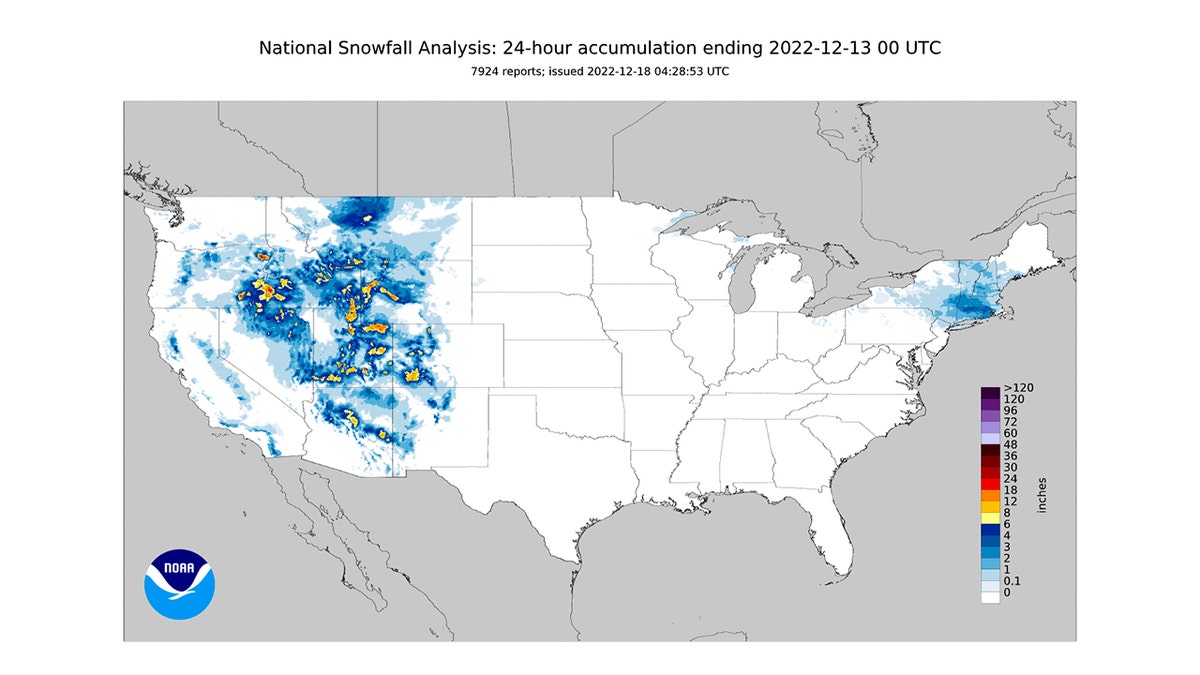 US weather chart showing snowfall totals