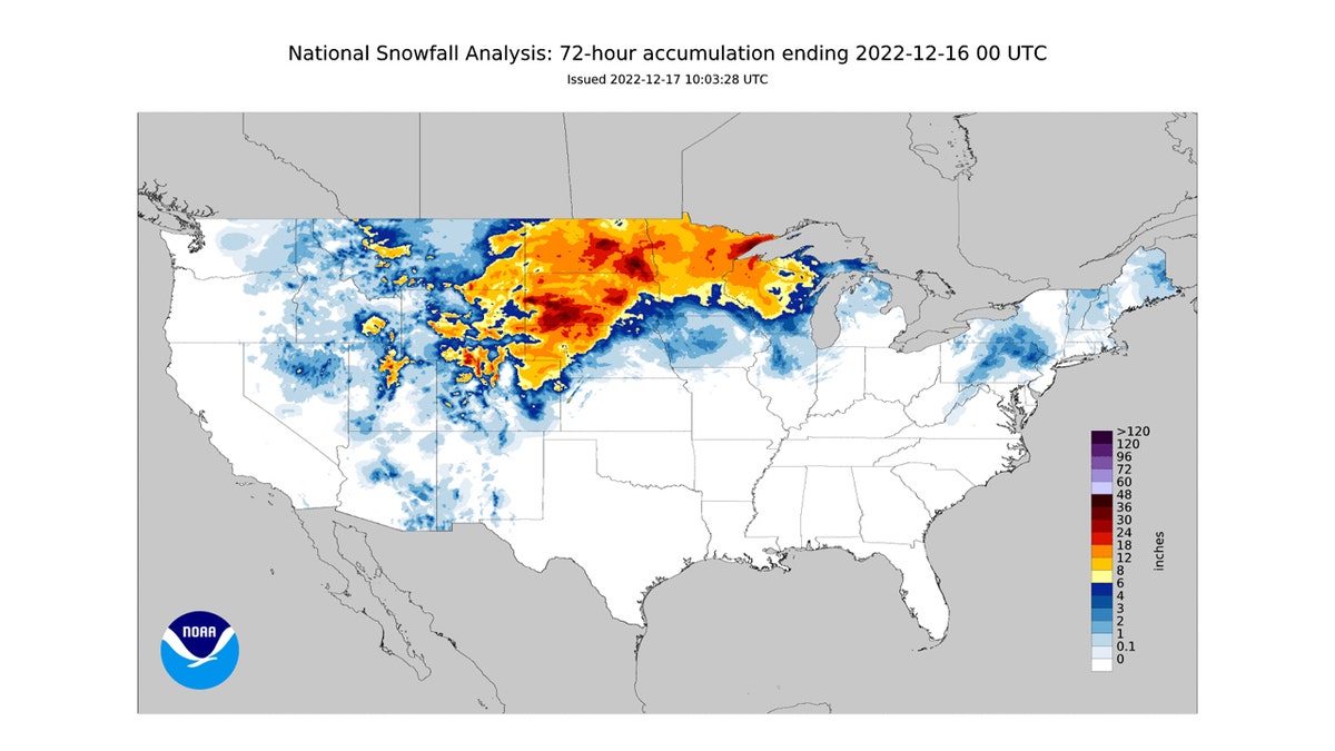 US weather chart showing snowfall totals