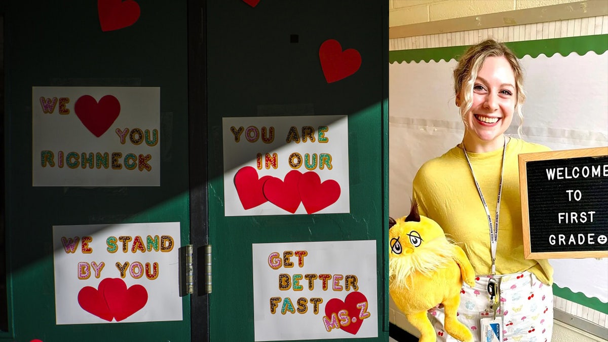 abby zwerner holding sign and smiling and a door with get well soon messages