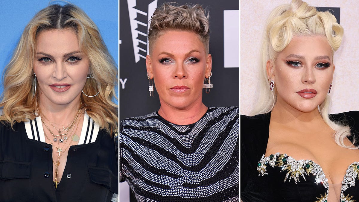 Madonna with a middle part and black letterman jacket split Pink with a striped, jeweled black and silver dress split Christina Aguilera with a blonde dramatic up-do and jeweled bustier dress