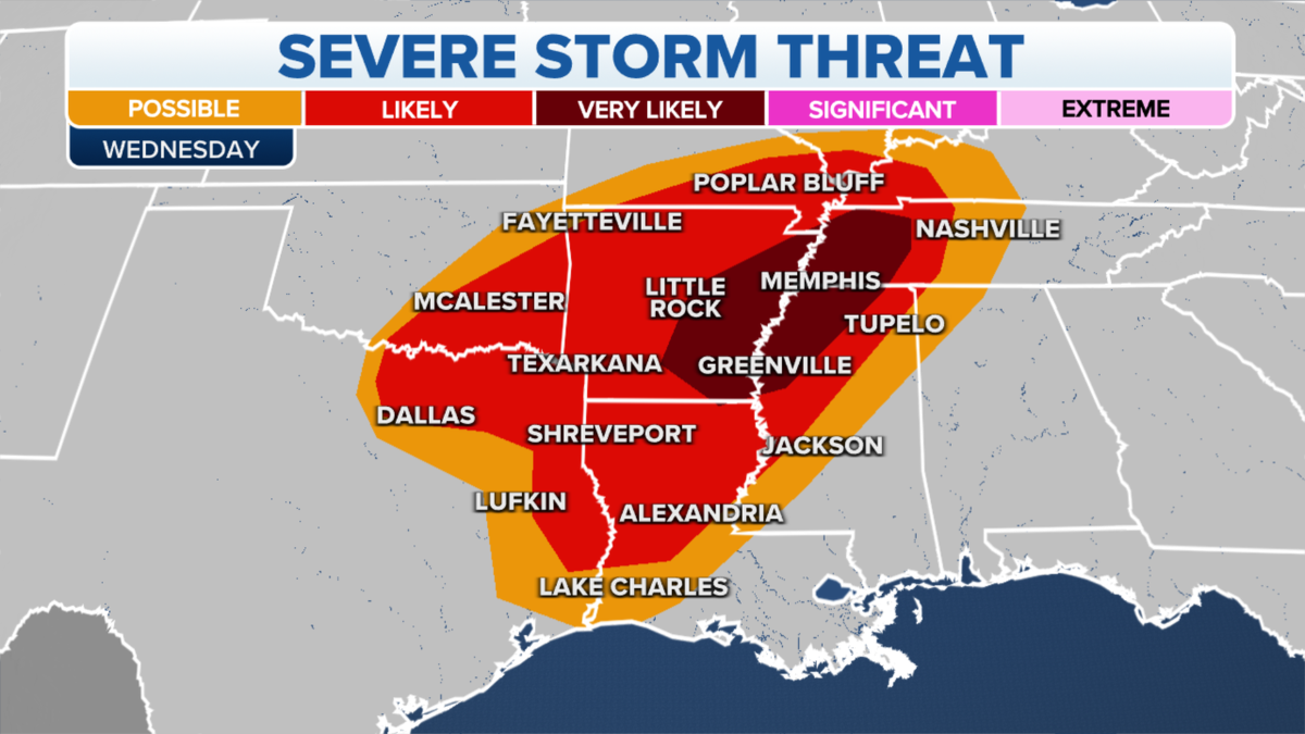 The threat of severe storms in the Plains, South