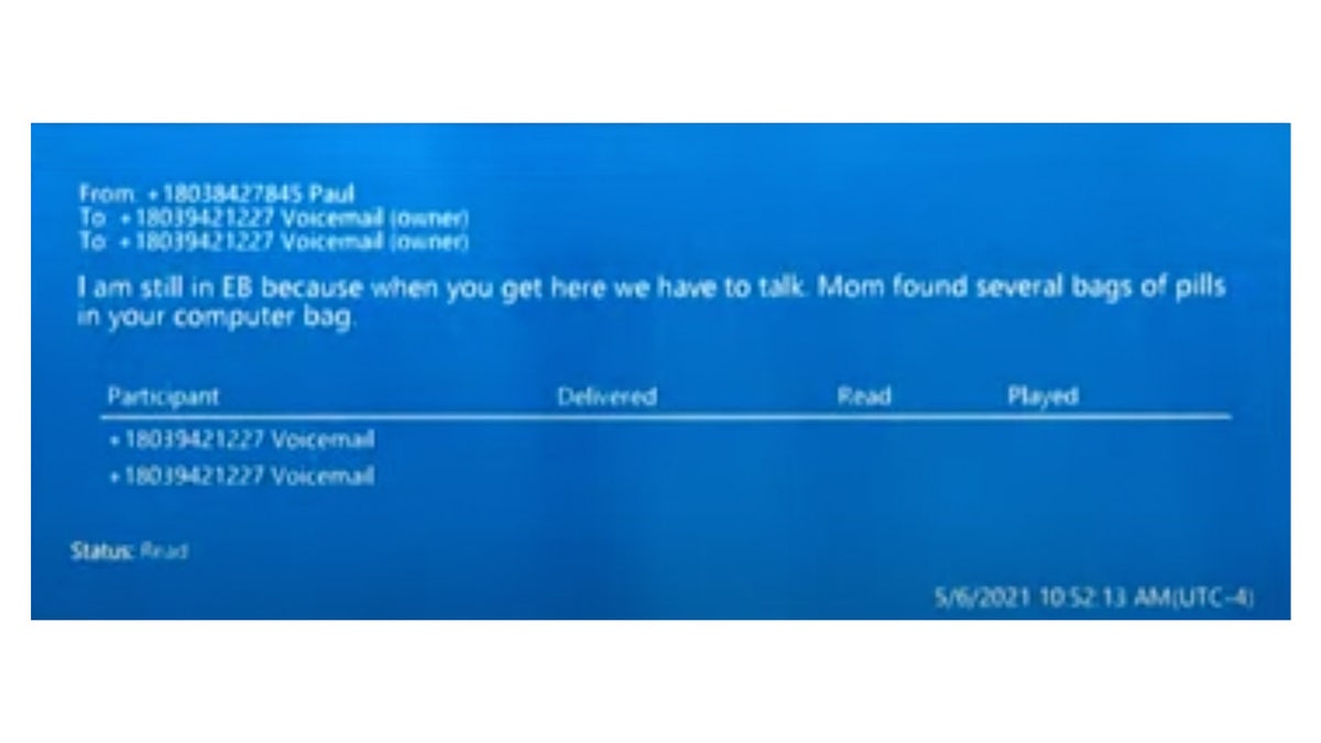A photo of a transcribed voicemail from Paul Murdaugh to his dad.