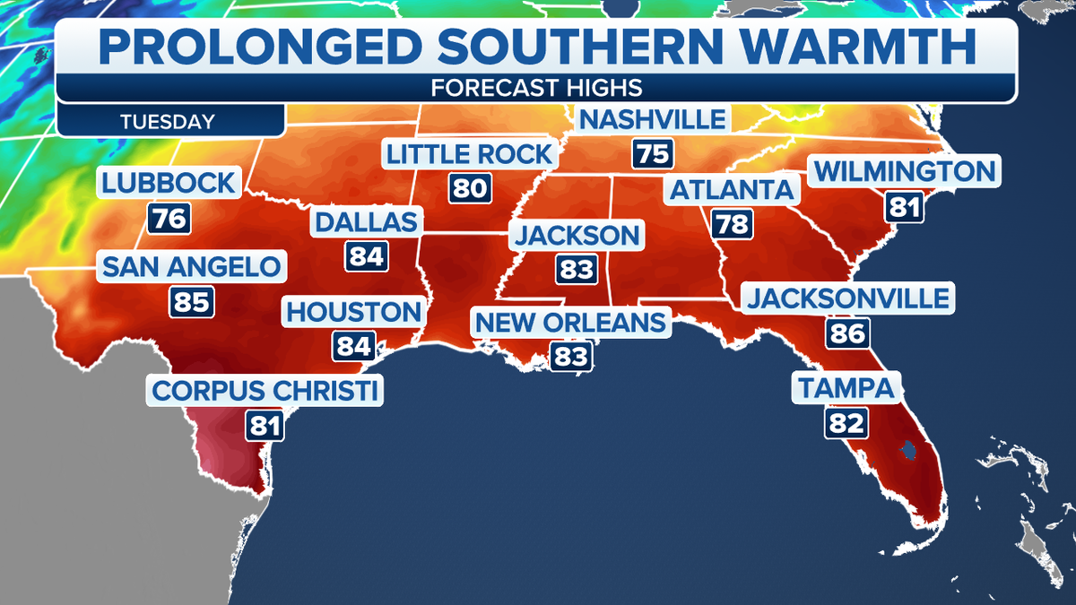 Forecast high temperatures in the South