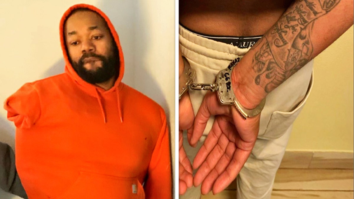 Suspect whose hands were cuffed before being placed in a sweatshirt
