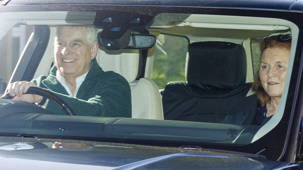 Prince Andrew driving outside of Royal Lodge with his ex wife Sarah Ferguson