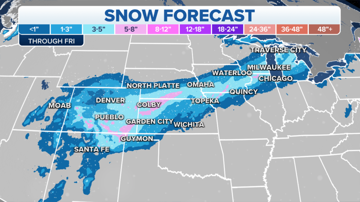 Snowy weather across the Rockies to the Great Lakes