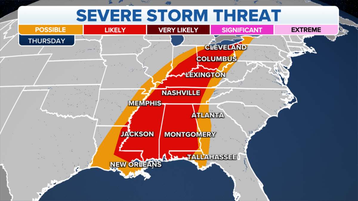 Severe storms from the Gulf Coast to the Ohio Valley