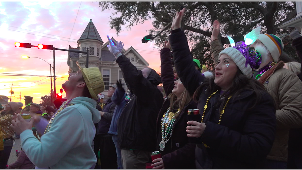 A group of people dressed in Mardi Gras colors raise their hands for beads