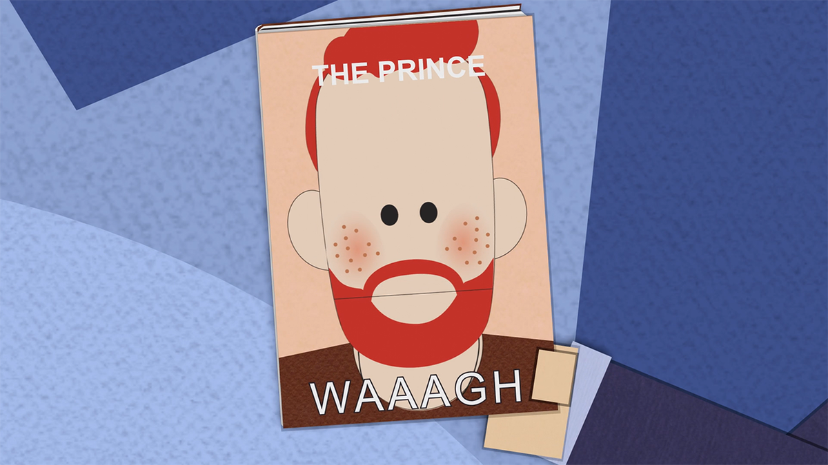 A mock illustration of Prince Harry's book "Spare" titled "WAAAGH" in an episode of South Park